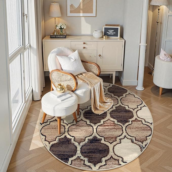 Lahome Moroccan Round Rugs - 4x4 Washable Non-Slip Small Round Area Rug Throw Soft Circle Rugs for Bedroom, Modern Print Indoor Round Carpet for Entryway Sofa Kitchen Living Room (Coffee, 4Ft-Round)