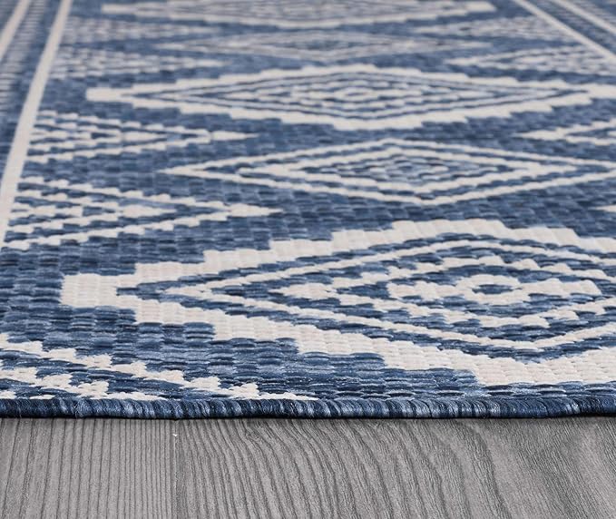 Beverly Rug Waikiki Boho Indoor Outdoor Rug 6x9, Washable Outside Carpet for Patio, Deck, Porch, Bohemian Area Rug, Farmhouse Rugs, Aztec Tribal Rug, Azure and White
