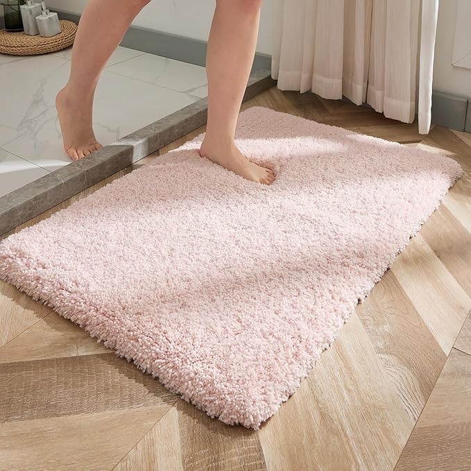 Small Bathroom Rug 17x24 Non Slip Pink Fluffy Bath Mat for Bathroom Floor Washable Plush Luxury Bath Rug for Tub Soft Shaggy Absorbent Shower Mat
