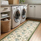 jinchan Elora 3x8 Floral Runner Rug for Hallway Washable Kitchen Runner Vintage Romance Design Non Slip Thin Indoor Floor Cover Low-Profile Throw Carpet for Entryway Bathroom Bedroom, Green/Beige