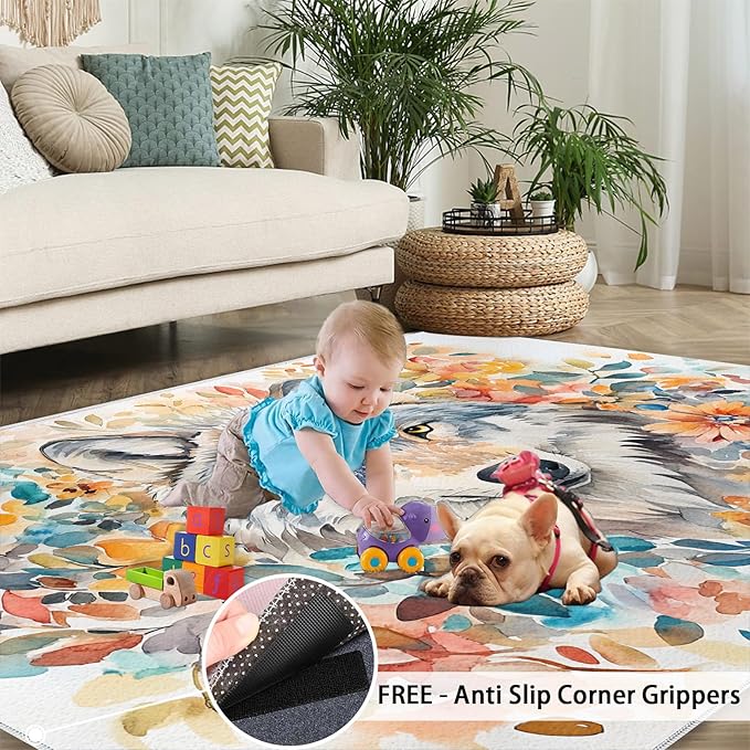 5x7 Wolf Rugs for Bedroom - Watercolor Florals Print Rug, Animals Rug Non Slip Soft Rugs for Living Room Hardwood Floors Teen Room