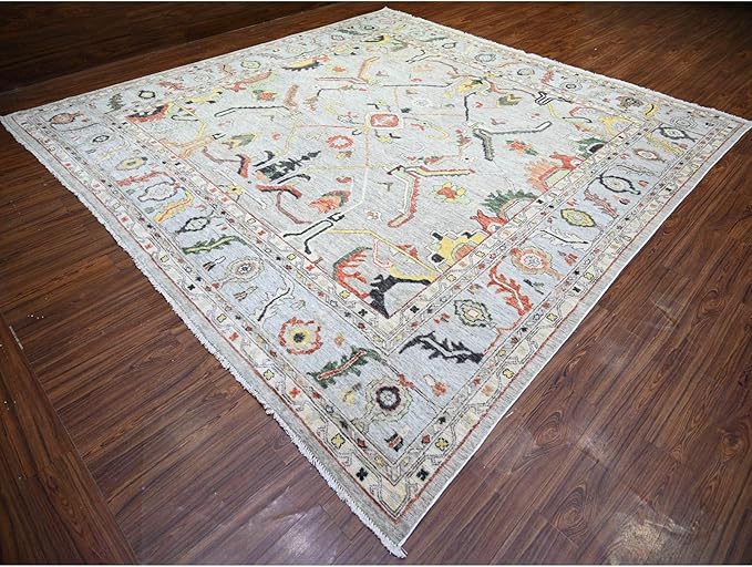 Goose Gray Afghan Angora Oushak with All Over Colorful Pattern Vegetable Dyes Organic Wool Hand Knotted Square Oriental Rug (11'9"x11'9")