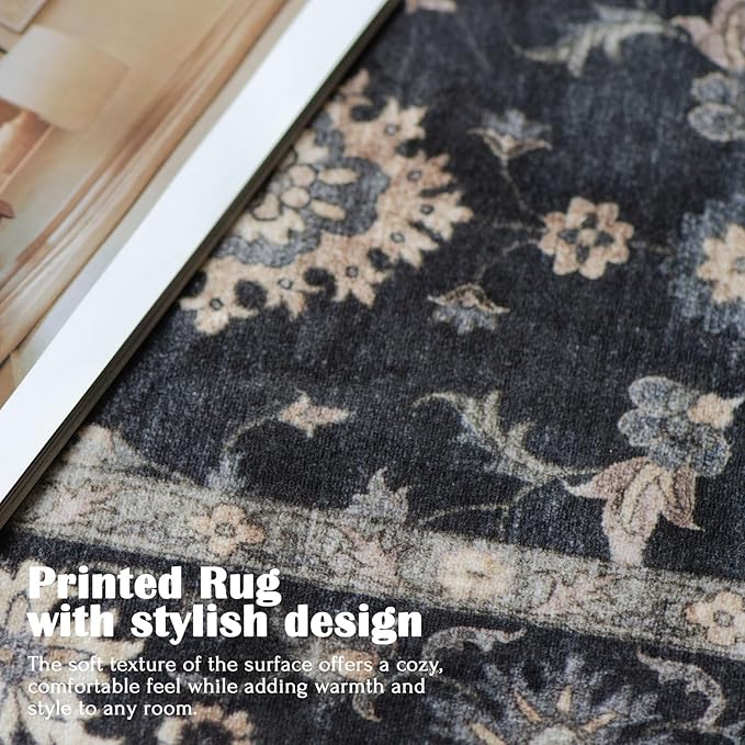 Washable Area Rug 5x7 - Traditional Floral Living Room Rug Soft Boho Farmhouse Bedroom Rug Ultra-Thin Charcoal Black Vintage Dining Room Rugs for Under Table Indoor Carpet for Living Room