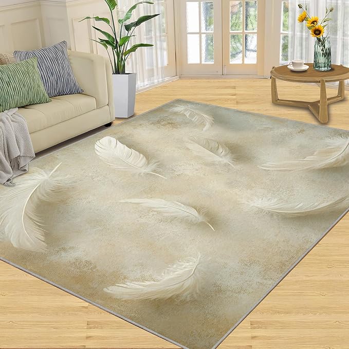3x6 Feathers Bedroom Rug Under Bed - Minimalist Feathers Kids Room Rugs, Natural Still Life Bedroom Runner Rug Soft Washable for Living Room Kitchen
