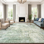 9x12 Area Rugs for Living Room, Non-Slip Machine Washable Vintage Rugs, Abstract Low Pile Lightweight Large Rug for Bedroom, Dining Room, Home Office Green Ivory