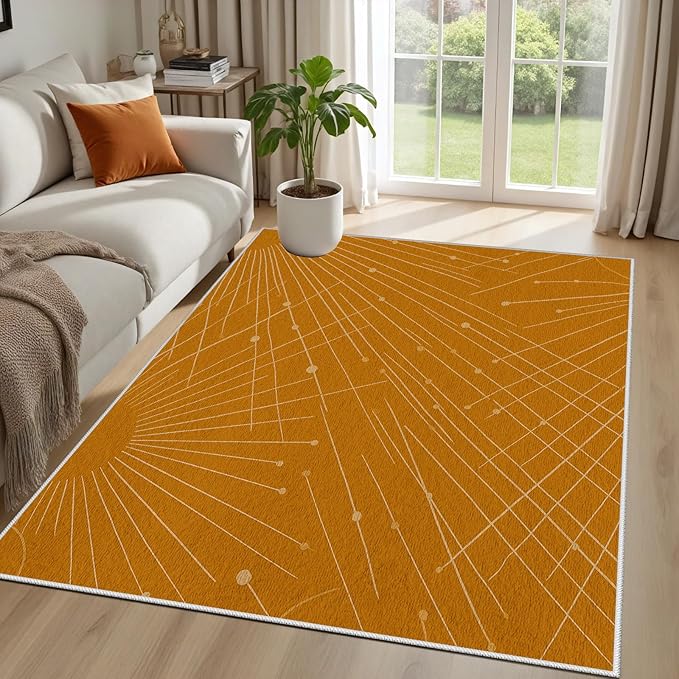 Modern Washable Area Rug 8x10, Boho Minimalist Non-Slip Rugs, Abstract Striped Soft Carpet for Living Room Bedroom Nursery Room Home Decor Office, Pet Friendly, Orange Beige