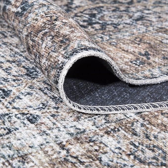 Bloom Rugs Caria Washable Non-Slip 10 ft Runner - Dark Blue/Tan Traditional Runner for Entryway, Hallway, Bathroom, and Kitchen - Exact Size: 2'6" x 10'