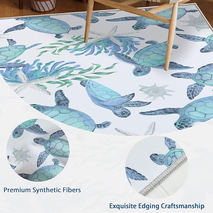 Tritard Coastal Sea Turtles Area Rugs Beach Themed Nautical Starfish Coral Accent Rugs Non-Slip Sea Marine Life Rugs Floor Carpet for Living Room Bedroom, Blue, 3x5 Feet