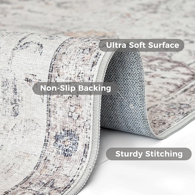 jinchan Kalen Area Rug 5x7 Washable Living Room Rug Vintage Indoor Floor Cover Retro Accent Mat Distressed Gray Floral Country Boho Non Slip Thin Carpet for Bedroom Kitchen Dining Room Office Grey