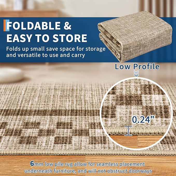GarveeHome Modern Bordered 8x10 Area Rugs for Living Room Bedroom Soft Washable Large Bedroom Throw Carpet Non Slip Checkered Geometric Rugs for Dining Room Home Decor Office, Taupe