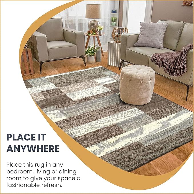 Superior Indoor Area Rug, Jute Backed, Modern Geometric Patchwork Floor Decor for Bedroom, Office, Living Room, Entryway, Hardwood Floors, Rockwood Collection, 3' x 5', Light Blue-Ivory