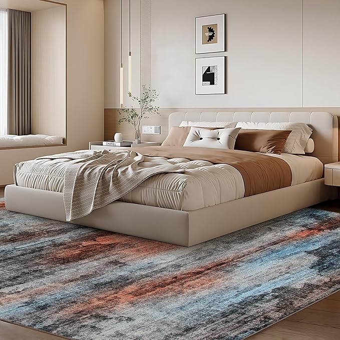 WILLSUN Washable Area Rugs, 8x10 Non-Slip Boho Large Area Rugs for Living Room, Bedroom, Machine Washable Vintage Rug, Indoor Floral Print Carpet for Home Decor, Kid & Pet Friendly Mat