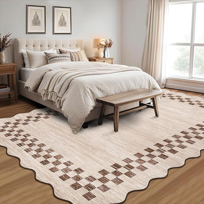 GarveeHome 8x10 Area Rug for Living Room Scalloped Washable Large Bedroom Rug Non Slip Stain Resistant Modern Border Dining Room Throw Carpet Scalloped Boho Rug for Home Decor Office Nursery, Beige