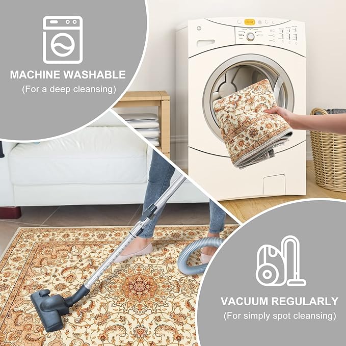 COMSLE Boho Area Rug, 3' x 5' Machine Washable Rugs for Entryway Faux Wool Large Rugs Distressed Throw Rug Non-Slip Floor Carpet for Indoor Bedroom Kitchen Living Room Cream/Beige-2