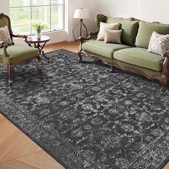 Washable Area Rug 5x7 Black Rugs for Living Room, Vintage Boho Large Rug for Bedroom Dining Room Office, Distressed Floral Print Carpet for Under Table, Soft Non Slip Low Pile Throw Carpet Indoor Mat