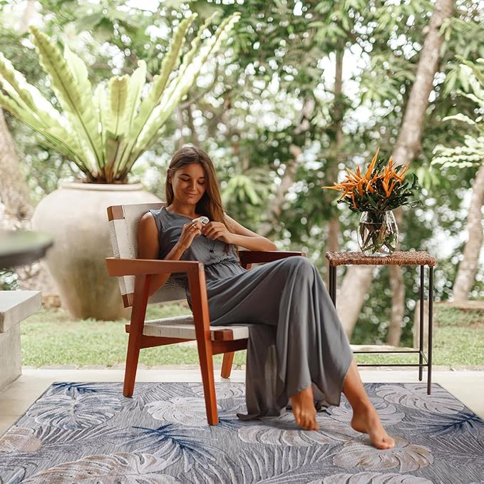 CAMILSON Indoor Outdoor Rug, Blue 6’x9’ Leaf Tropical Botanical Area Rugs for Indoor and Outdoor patios, Easy-Cleaning Non-Shedding Living Room, Garden and Kitchen Washable Outside Carpet (6x9)