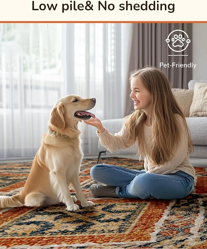 Area Rug 6x9 Rug Machine Washable Non-Slip Low Pile Print Pattern Western Rug Fall Rug for Living Room Bedroom Entryway Tribal Series -Orange/Brown