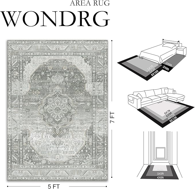 2x6 Grey Washable Vintage Runner Rug for Living Room Bedroom Non Slip Distressed Traditional Soft Runner Rug Low Pile Lightweight Floral Runner Kitchen Hallway Entrance