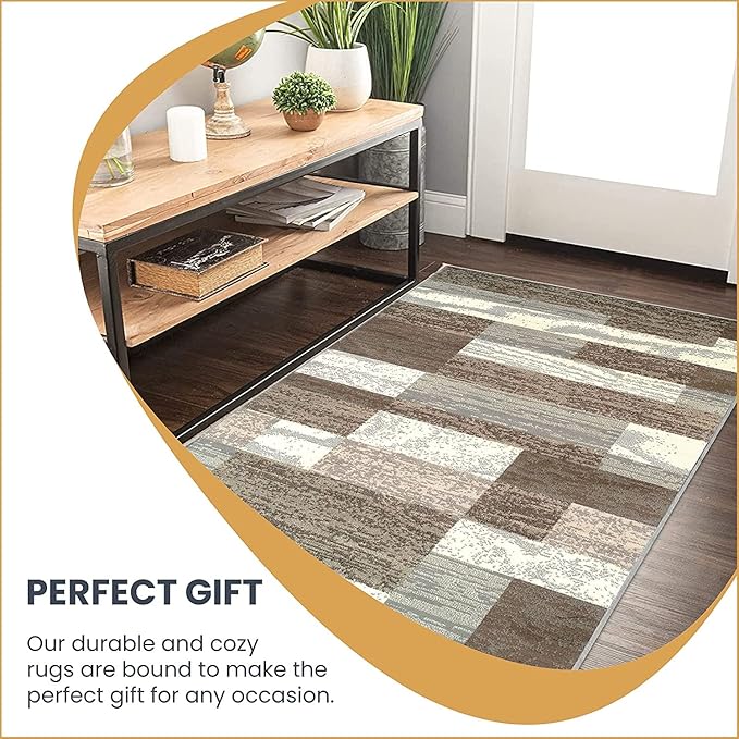 Superior Indoor Area Rug, Jute Backed, Modern Geometric Patchwork Floor Decor for Bedroom, Office, Living Room, Entryway, Hardwood Floors, Rockwood Collection, 5' x 8', Light Blue-Ivory