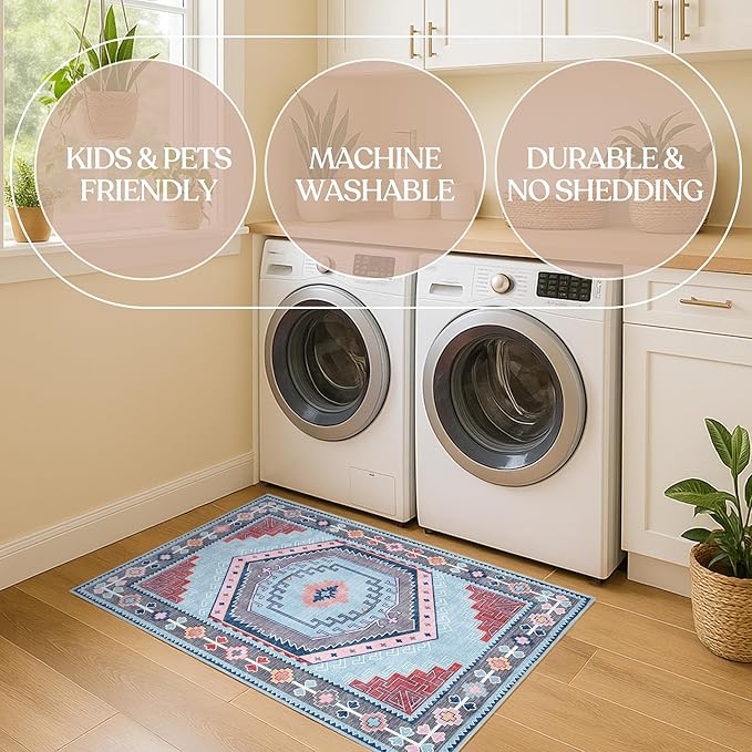 Fame Living Washable Area Rug. Modern Farmhouse. Vintage. Turkish. Bohemian. Distressed. Oriental. Traditional. Rugs for Living Room. Dining. Bedroom. Office. Entryway. Foyer. (856BlM, 9'5" x 14')