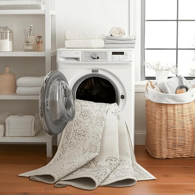 ReaLife Rugs Machine Washable Area Rug - Living Room Bedroom Bathroom Kitchen Entryway Office - Padded Low Pile Stain Resistant Premium - Boho Farmhouse Vintage - Paige - Ivory 4' x 6'