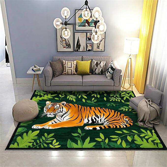 Tiger Rugs，4x6ft,Tiger and Green Leaf Print Rug for Living Room，A Colorful and Artistic Tiger Rug, Perfect for A Children's Play Area，Machine Washable Non-Slip Carpet Suitable for Bedroom and Study