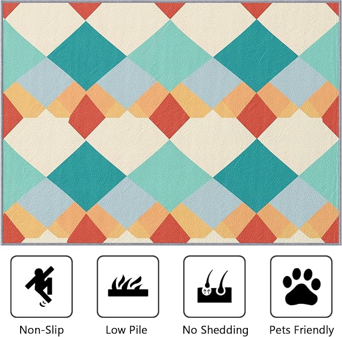Geometric Rug for Entryway Indoor - 3x4ft - Colorful Retro Mid Century Modern Washable Non Slip Low Pile Small Rug for Bedroom, Geometric Carpets Room Decor & Gifts