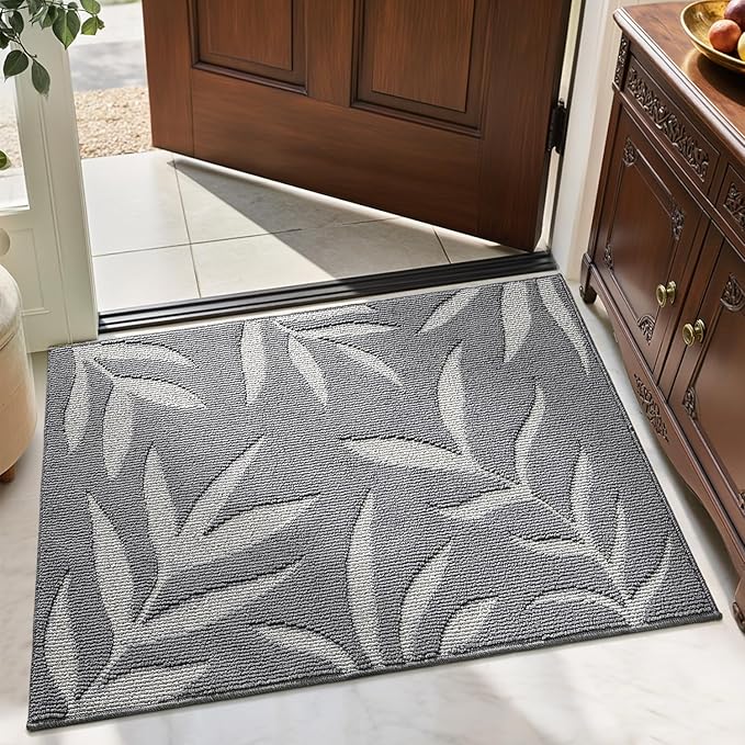 LUMI Indoor Door Mat 32x48, Washable Front Doormat with Welcome Leaf Pattern, Non-Slip Rubber Back Absorbent Mats for Entrance, Patio, Garage, Light Grey