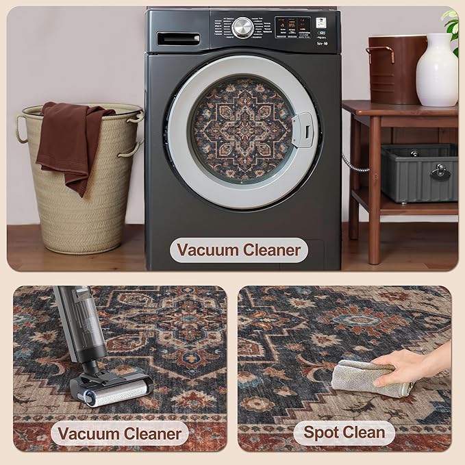 Tangsoo 5x7 Area Rug Washable Rug for Living Room, Vintage Rugs Indoor Non Slip Large Area Rugs, Print Carpet, Soft Low Pile Rugs Foldable Floor Rug for Bedroom Dining Room Dorm Dark Blue/Orange