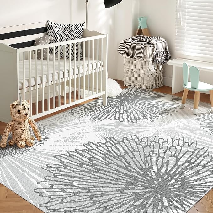 WITSHOCK 5x7 Washable Rug for Living Room,Modern Floral Distress Print Pattern Area Rugs,Stain Resistant with Non Slip Backing Carpet for Dining Room,Bedroom & Home Decor,Grey White