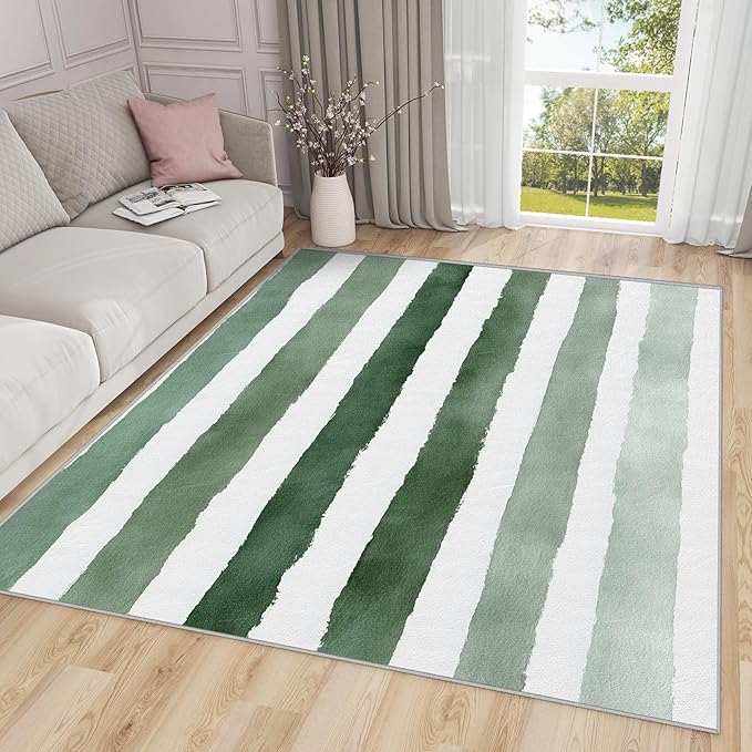 5x7 Rug Washable - Striped Rugs for Living Room, Green and White Stripe Minimalist Watercolor Non Slip Low Pile Area Rugs for Bedroom, Striped Carpet Home Decor & Gifts