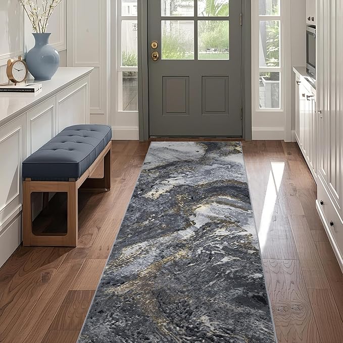 Abstract 2x10 Runner Rug: Modern Washable Rug for Entryway Hallway Bedside Kitchen Indoor - Non Slip Thin Low Pile - Black Gold
