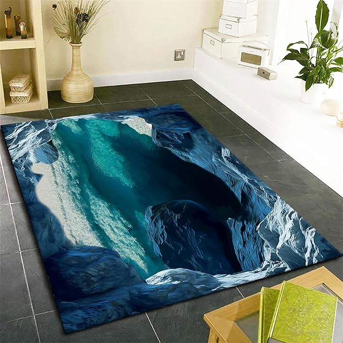 Blue Cave 3D Rugs for Bedroom, 3x4ft, Illusion Natural Landscape Blue Water Pool Entryway Rug, Rubber Backed Non Skid Low Pile Carpet，Foldable Soft No Crease Mats for Sofa Indoor