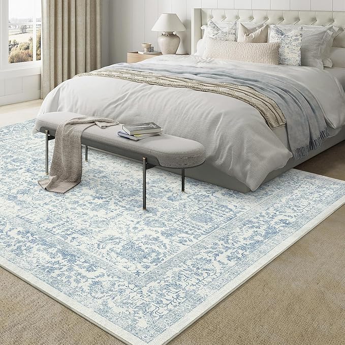 Blue Area Rug 10x14 Machine Washable Large Vintage Living Room Distressed Non Slip Carpet Traditional Indoor Bedroom Grey Retro Floral Accent Throw Rug for Office Kitchen Dining Room