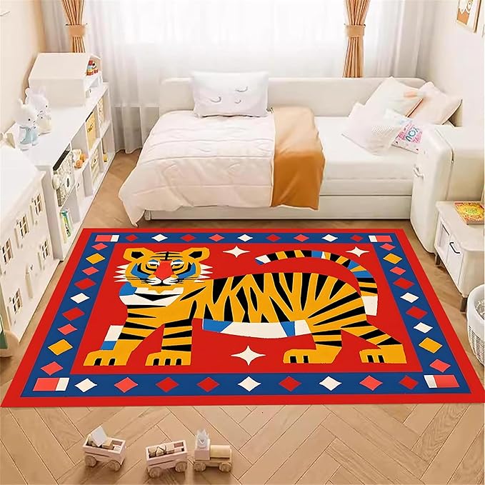 Jungle Animal Area Rug,4x6ft,Unique Design Tiger Print Rug With Geometric Pattern，Bohemian Style Animal Tiger Print Pattern Colorful Rug,Washable Non-Slip Rug for Living Room Classroom Nursery Decor