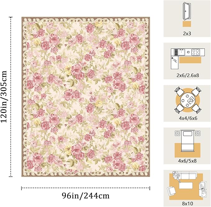 8x10 Machine Washable Area Rug for Living Room, Pink Vintage Boho Floral Rug Large Non-Slip Low Pile Soft Faux Wool Carpet, Kids and Pets Friendly for Bedroom Dining Room Farmhouse Home Decor Rug