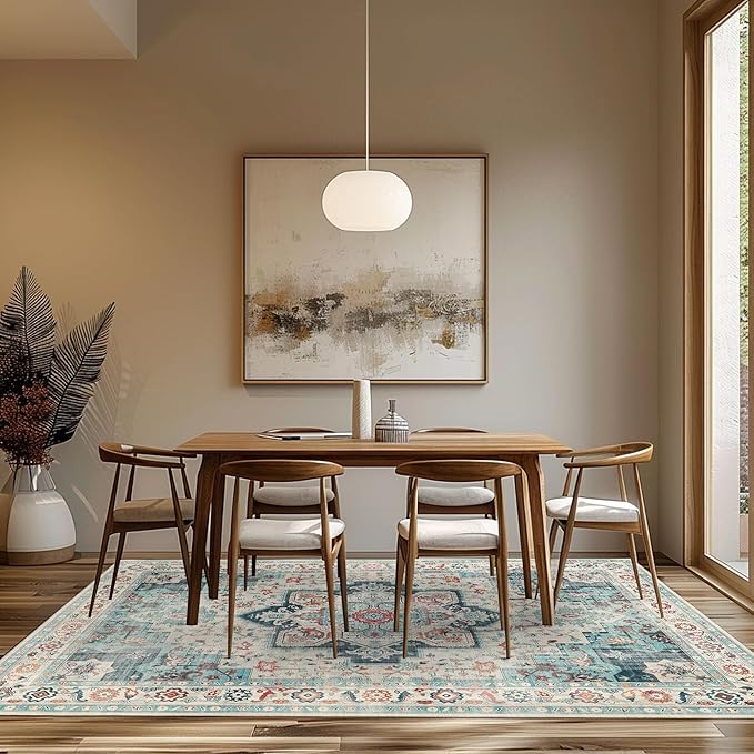 GENIMO 9x12 Area Rugs for Living Room, Machine Washable Non Slip Vintage Rugs, Low Pile Lightweight Chenille Print Rug for Bedroom, Dining Room, Home Office, Turquoise