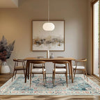 GENIMO 9x12 Area Rugs for Living Room, Machine Washable Non Slip Vintage Rugs, Low Pile Lightweight Chenille Print Rug for Bedroom, Dining Room, Home Office, Turquoise