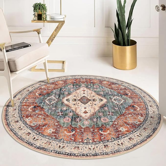 KOZYFLY Boho Round Rug 5 Ft Rugs for Entryway Washable Circle Rug Non Slip Doormat Rust/Orange/Blue Printed Faux Wool Vintage Round Entryway Rug Floor Carpet Round for Entrance, Bedroom