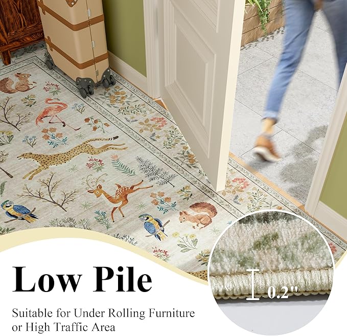 DUKINO 4x6 Rug, Washable Animal Area Rug with Non Slip Vintage Design, Indoor Soft Low Pile Carpet for Bedroom, Nursery, Dining Room, Farmhouse, Playroom, White
