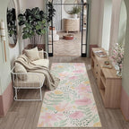 Floral Runner Rug 2x6 Washable Hallway Pink Bedroom Non Slip Cute Long Kitchen Carpet Botanical Indoor Soft Accent Rug for Bathroom Dining Laundry Living Room