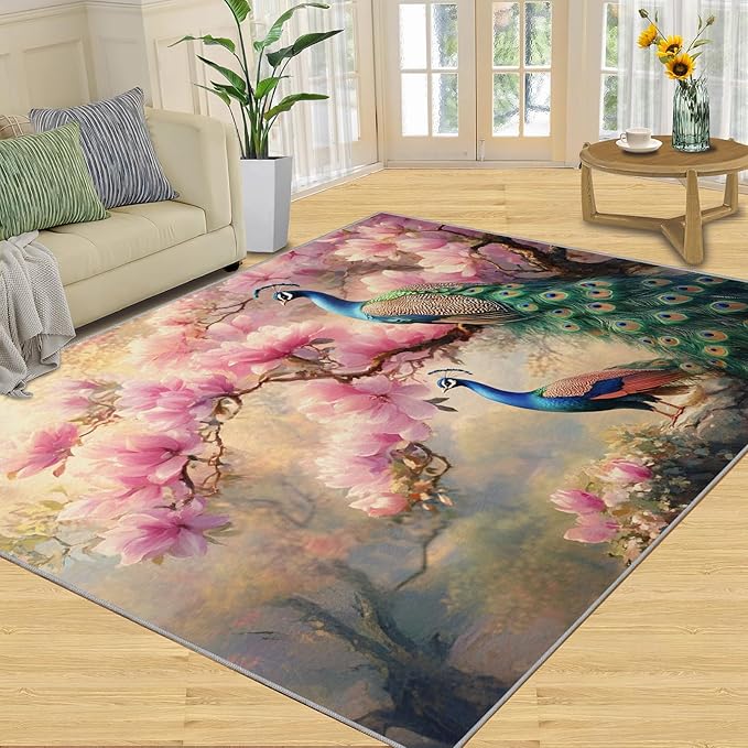 Peacock Magnolia Rug Large - 5x8 Rug, Pink Magnolia Washable Rugs for Living Room, Classic Carpet, Peafowl Non-Slip Area Rugs for Bedroom, Aesthetics Carpet - Peafowl Home Decor & Gifts