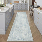 Blue Runner Rug 2x10 Hallway Machine Washable Kitchen Vintage Distressed Non Slip Long Carpet Indoor Retro Floral Bedroom Accent Throw Rug for Bathroom Office Laundry Dining Room