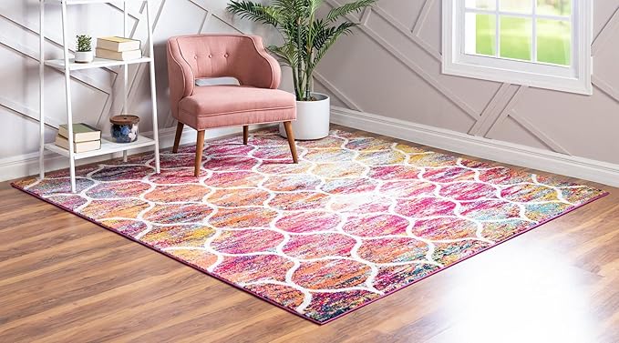 Rugs.com Lattice Frieze Collection Rug – 3' Square Multi Medium Rug Perfect for Living Rooms, Kitchens, Entryways