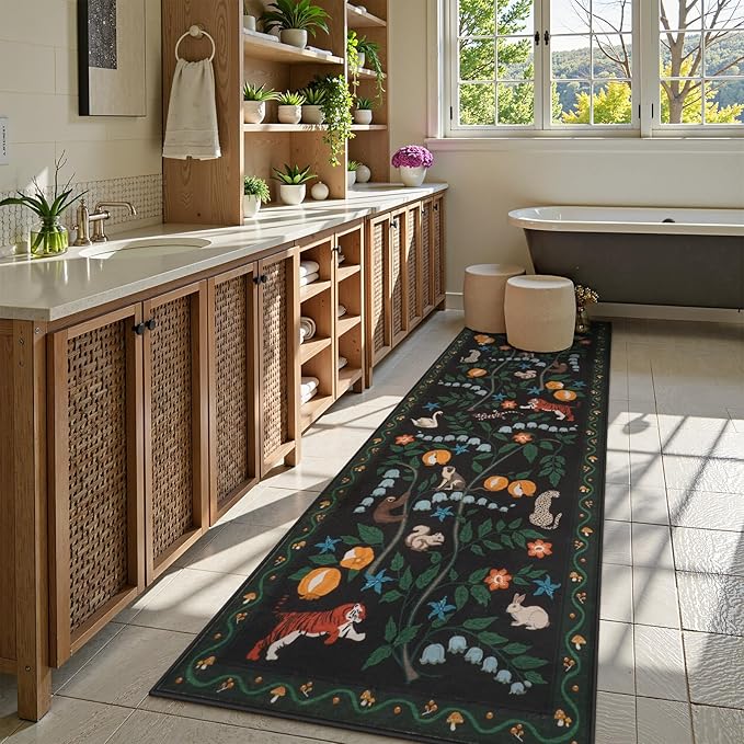 Collive Kitchen Runner Rugs Non Slip, 2.6x8ft Jungle Animal Washable Carpet Runners for Hallway Bathroom, Soft Bedroom Rug Black Ultra Thin Indoor Mats for Entryway, Laundry Room, Bedside