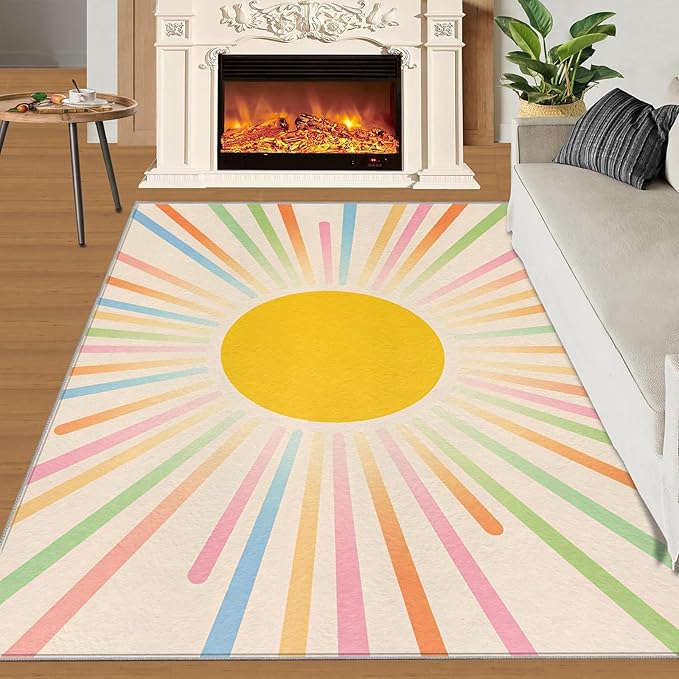 Boho Sun Area Rugs 3x5ft, Minimalist Sunburst Boys Rugs for Bedroom, Abstraction Deco Kids Room Rug Soft Fuzzy Washable for Living Room Game Room Coffee Table