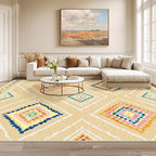 Area Rug 9x12 Rug Machine Washable Non-Slip Low Pile Print Pattern Western Rug for Living Room Bedroom Entryway Tribal Series -Cream/Beige