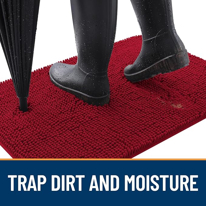 OLANLY Dog Door Mat for Muddy Paws 47x20, Absorbs Moisture and Dirt, Absorbent Non-Slip Washable Doormat, Quick Dry Chenille Mud Mat for Dogs, Entry Indoor Entryway Carpet for Inside Floor, Red