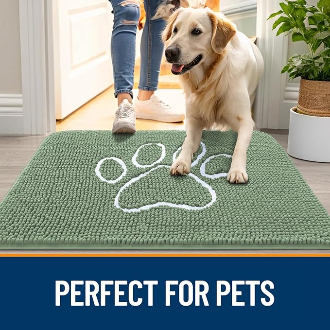 OLANLY Dog Door Mat for Muddy Paws 40x32, Paw Print Design, Absorbs Moisture and Dirt, Non-Slip Washable Doormat, Quick Dry Chenille Mud Mat, Entry Indoor Entryway Carpet, Olive Green and White