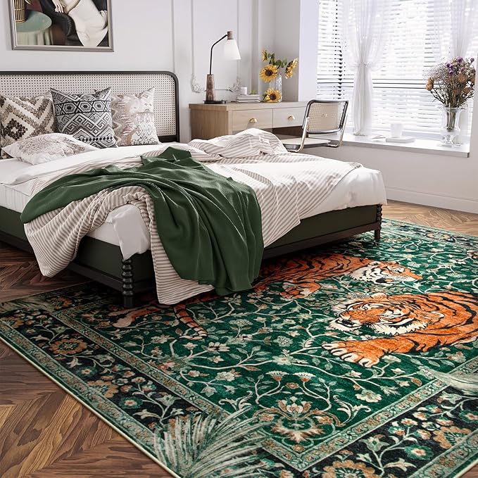 Moynesa Tiger Washable Rugs, 8x10 Area Rugs for Living Room, Soft Large Vintage 8x10 Bedroom Green Rug, Botanical Non Slip Ultra Thin Floor Carpet for Dining Room Home Office